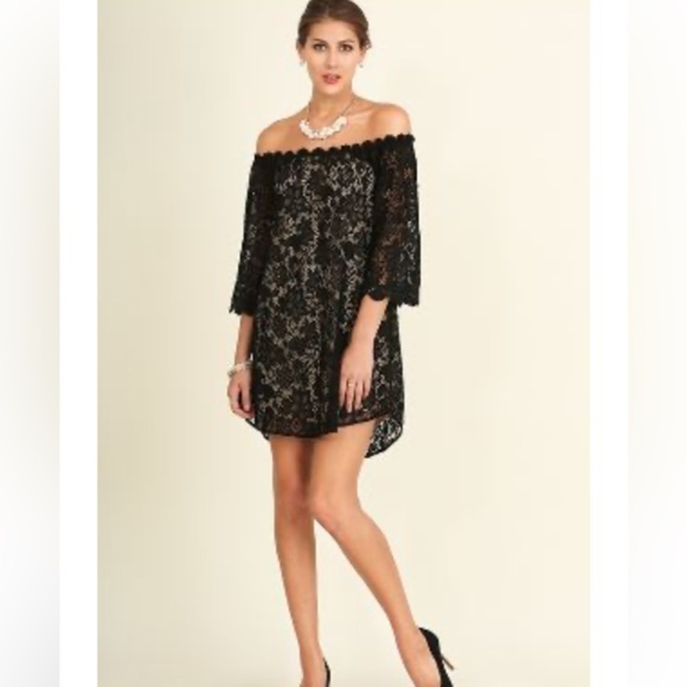 Umgee Floral Black Lace Overlay Off Shoulder/Round Neck Dress Sz M Gorgeous